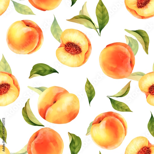 Hand-drawn seamless pattern of scattered ripe peaches and fresh green leaves on a white background