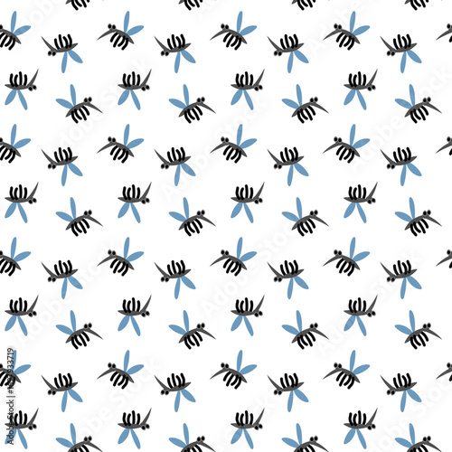 Pattern of Flying Mosquitoes. Flat color seamless texture. Forest insects in flight. Large blue wings, small gray buzzing insects. Poison packaging design. Picnics, hikes, camping