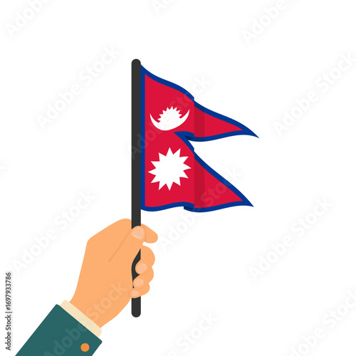 Hand holding Nepal flag. Vector illustration for educational materials, travel content, or international celebration themes