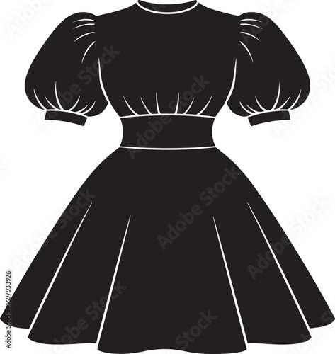 Black silhouette icon of a vintage puff-sleeve dress on white vintage dress puff sleeve dress
