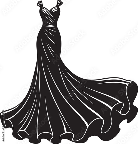 Black silhouette of a flowing evening gown with dramatic train on white background dress