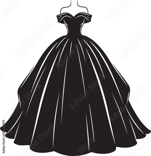 Black silhouette of an off-the-shoulder ball gown with full skirt on white background dress
