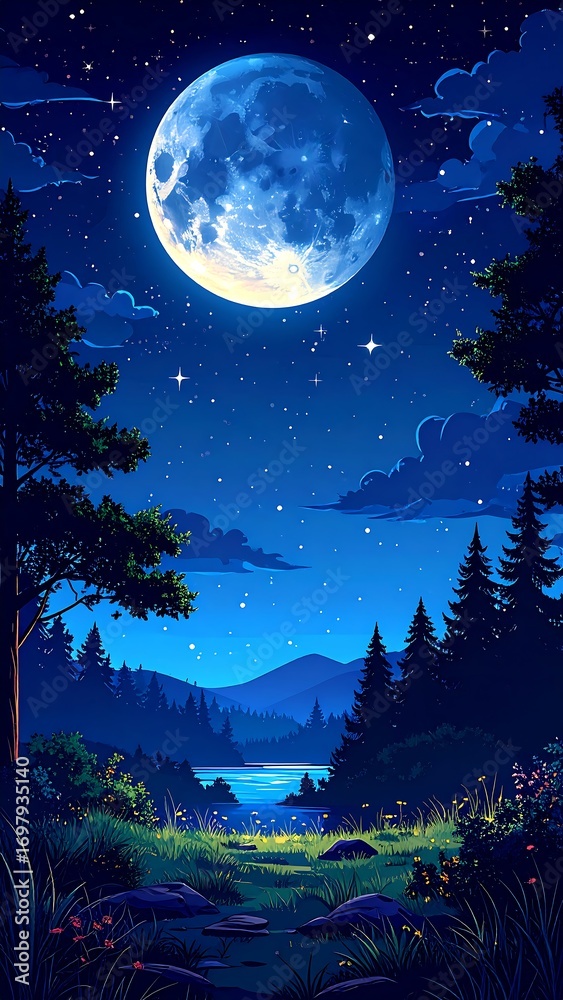 Naklejka premium Nighttime Forest Scene with Moon