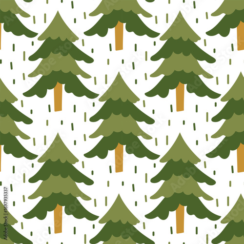 Pattern of lush Christmas trees in the grass, bright green. Trees in the forest. Flat colored seamless texture. Natural forest motifs. Design for picnic, camping, and forest walks