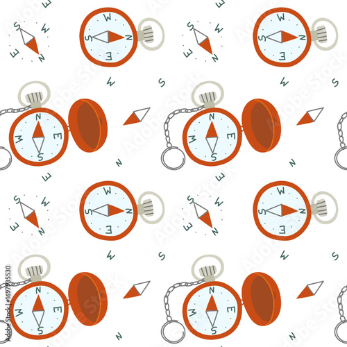 Compass pattern with a chain cover. Flat color seamless texture. Navigation. Item for hiking in the forest that allows you to track your direction. Packaging design. Picnics, hiking, camping
