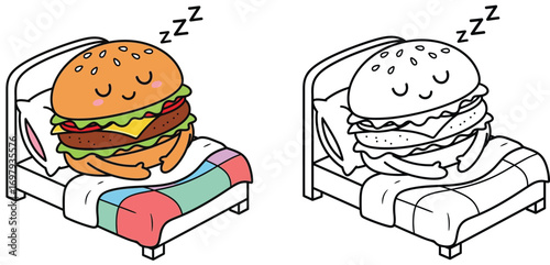 Cute Cartoon Hamburger Sleeping Soundly in Bed - Kawaii Sweet Dreams