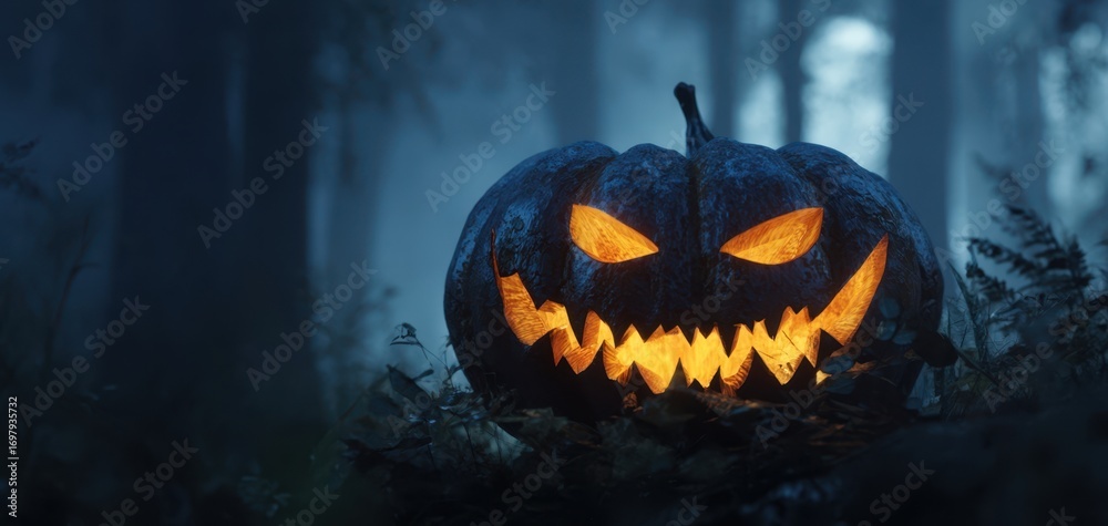 Naklejka premium The Jack-o'-lantern Glowing in a Misty Forest at Night with Eerie Atmosphere