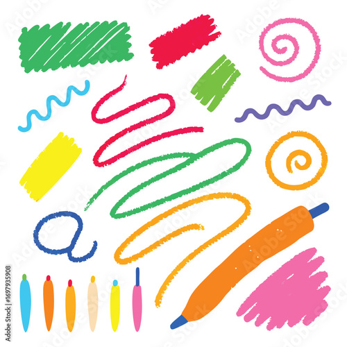 Vibrant colorful markers and swirling abstract shapes on white background