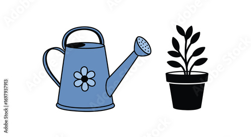 a blue watering can beside a potted plant