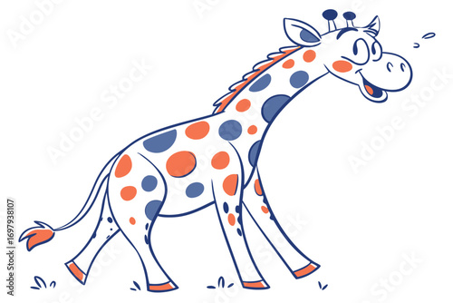 Walking Giraffe with Orange and Blue Spots on White Background Cartoon Animal