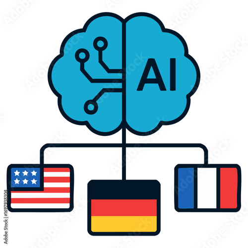 AI Language Translation Brain with Flags – Vector Illustration