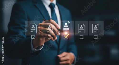 Businessman selecting a qualified candidate profile from a digital list for hiring and recruitment