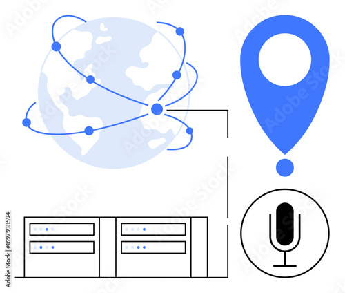 Globe with connection lines, geolocation marker, servers, and microphone icon representing interconnectedness, data communication, technology access. Ideal for global networks, geolocation, voice