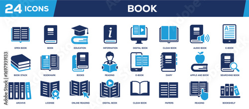 Book solid icons collection. Containing open book, library, journal, reading. Perfect pixel on transparent background. Vector illustration