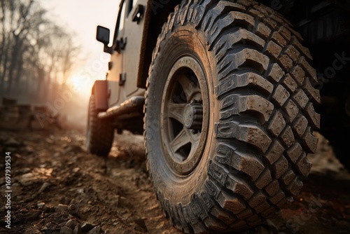 Off-road adventure: rugged suv with muddy tires at sunrise