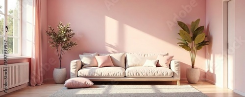 Cozy living room scene with pastel pink walls, featuring soft furnishings and home decor Perfect for home, interior, lifestyle, and design concepts , room, modern