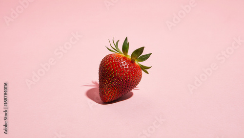 Fresh ripe strawberry with green leaves on a solid pastel pink background, vibrant and minimal.