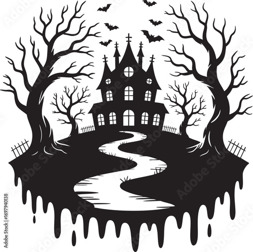A captivating black and white silhouette of a haunted house nestled in a landscape with bare trees and a winding path.