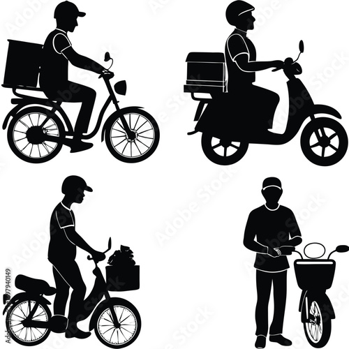 Delivery personnel riding motorcycles and bicycles