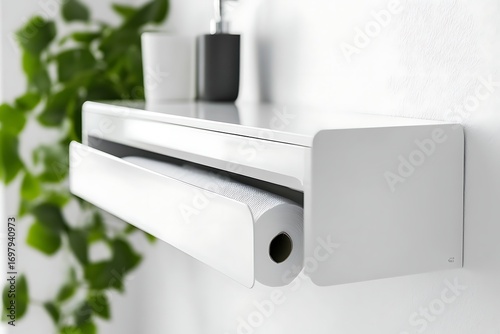 Wall-mounted white shelf with integrated paper towel dispenser