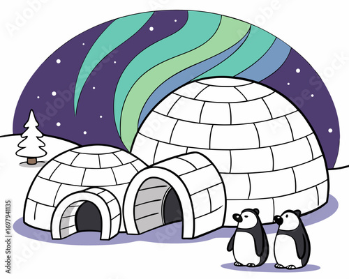 Snowy arctic igloo houses with northern lights sky, penguins and polar bears nearby, winter cartoon vector illustration