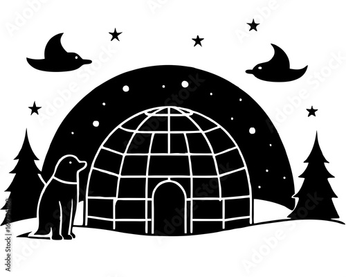 Snowy arctic igloo houses with northern lights sky,  winter cartoon vector illustration