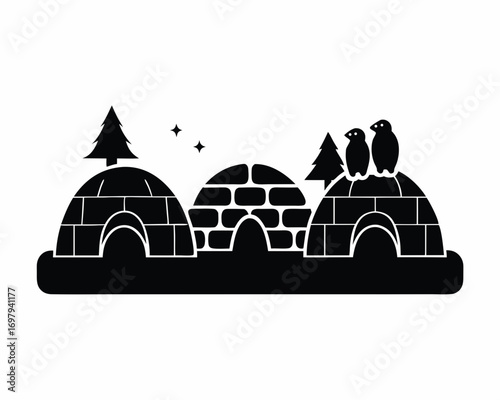 Snowy arctic igloo houses with northern lights sky,  winter cartoon vector illustration