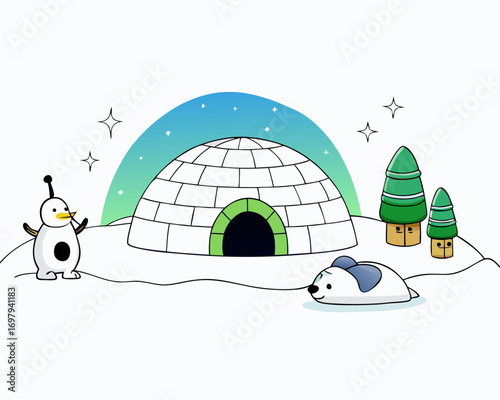 Snowy arctic igloo houses with northern lights sky, penguins and polar bears nearby, winter cartoon vector illustration