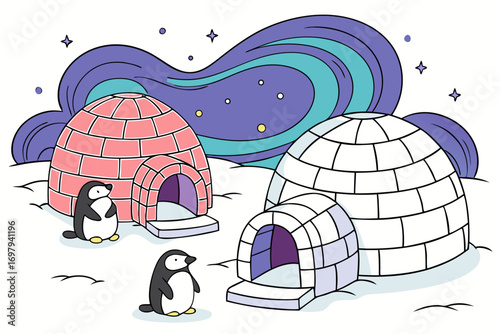 Snowy arctic igloo houses with northern lights sky, penguins and polar bears nearby, winter cartoon vector illustration