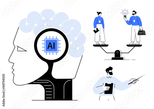 Human head with AI microchip, team balancing ideas on a scale, and a presenter sharing knowledge. Ideal for technology, innovation, AI ethics, collaboration, education, decision-making and teamwork