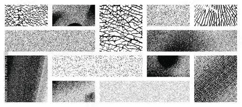 Dynamic collage of grunge rubber stamp textures, distressed wavy stripes, and bold monochrome overlays forming raw, edgy frame compositions.