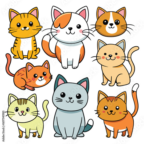Cute cartoon cats in various colors and poses