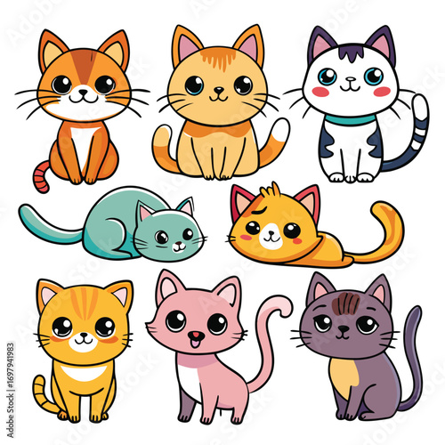 Cute cartoon cats in various playful and happy poses together