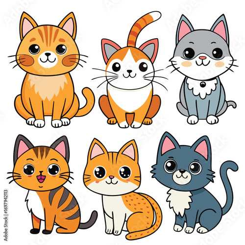 Collection of adorable cartoon cats in various playful poses and colors