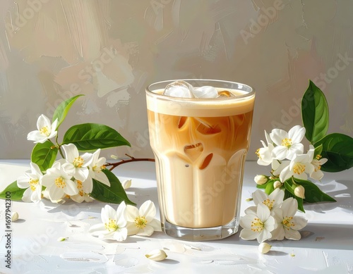 A light-filled still life featuring a glass of iced coffee, delicate white jasmine flowers, and a textured, pastel-toned background.