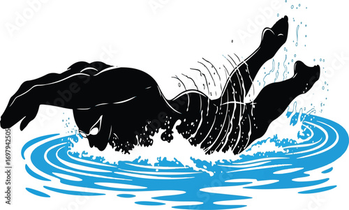 Dynamic black silhouette of a swimmer in a powerful freestyle stroke swimming