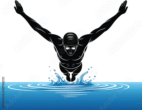 Silhouette of a male swimmer diving into water with arms outstretched swimming dive