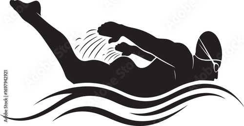 Silhouette of a swimmer doing the backstroke with stylized water waves swimming