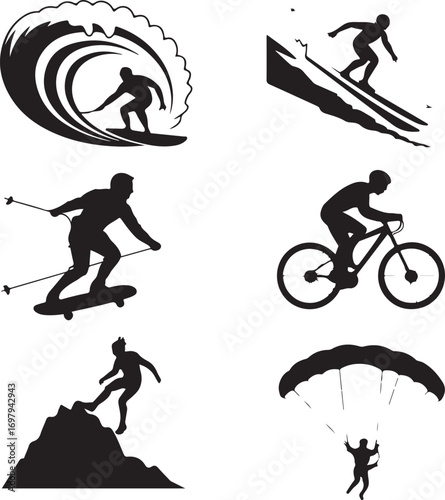 Collage of Extreme Sports Silhouettes Surfing Skiing Biking Parachuting Keywords: sports, extreme