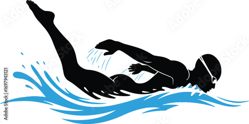 Silhouette of a swimmer performing a freestyle stroke in blue water swimming