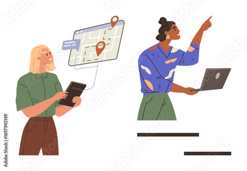 Two women using digital tools for navigation and collaboration. One holds a tablet with a map, the other points while holding a laptop. Ideal for teamwork, technology, navigation, collaboration