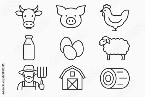 Farm and Agriculture Icons – Livestock, Barn, Farmer, Dairy Products