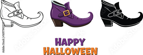 A trio of witch shoes, each with a unique style, perfect for halloween celebrations and spooky fashion statements