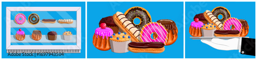 Pastry shop display with various desserts, a pile of sweet baked goods, and a man's hand holding a tray of pastries.