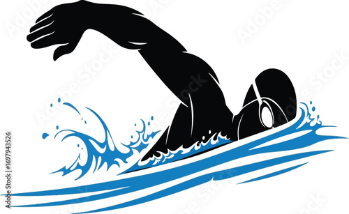 Close-up silhouette of a swimmer's arm and head during freestyle stroke swimming water
