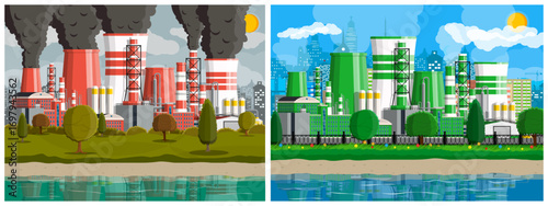 Industrial factory pollution comparison. Dirty harmful plant vs clean eco friendly manufacturing. Environmental impact.