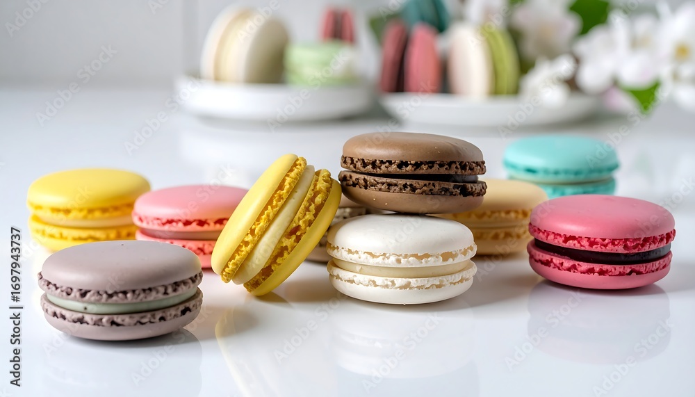 Fototapeta premium Colorful macarons on a white surface