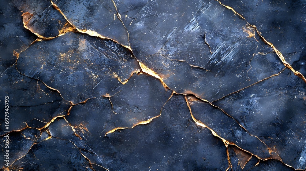 Fototapeta premium Dark blue marble texture with golden cracks and veins creating luxurious natural pattern on stone surface, suitable for interior design and luxury branding backgrounds.