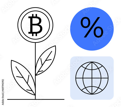 Bitcoin plant symbolizing financial growth, percentage icon indicating rates or profits, and a globe suggesting globalization. Ideal for finance, cryptocurrency, investment, economy, growth