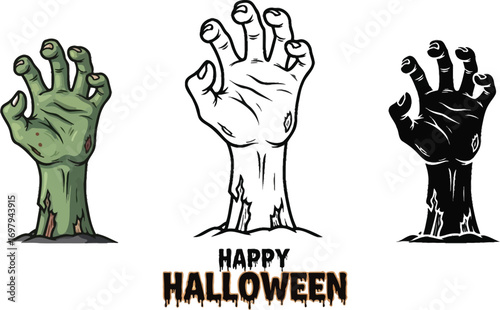 Three zombie hand illustrations for halloween, showcasing a spooky and eerie design with a gruesome and undead atmosphere
